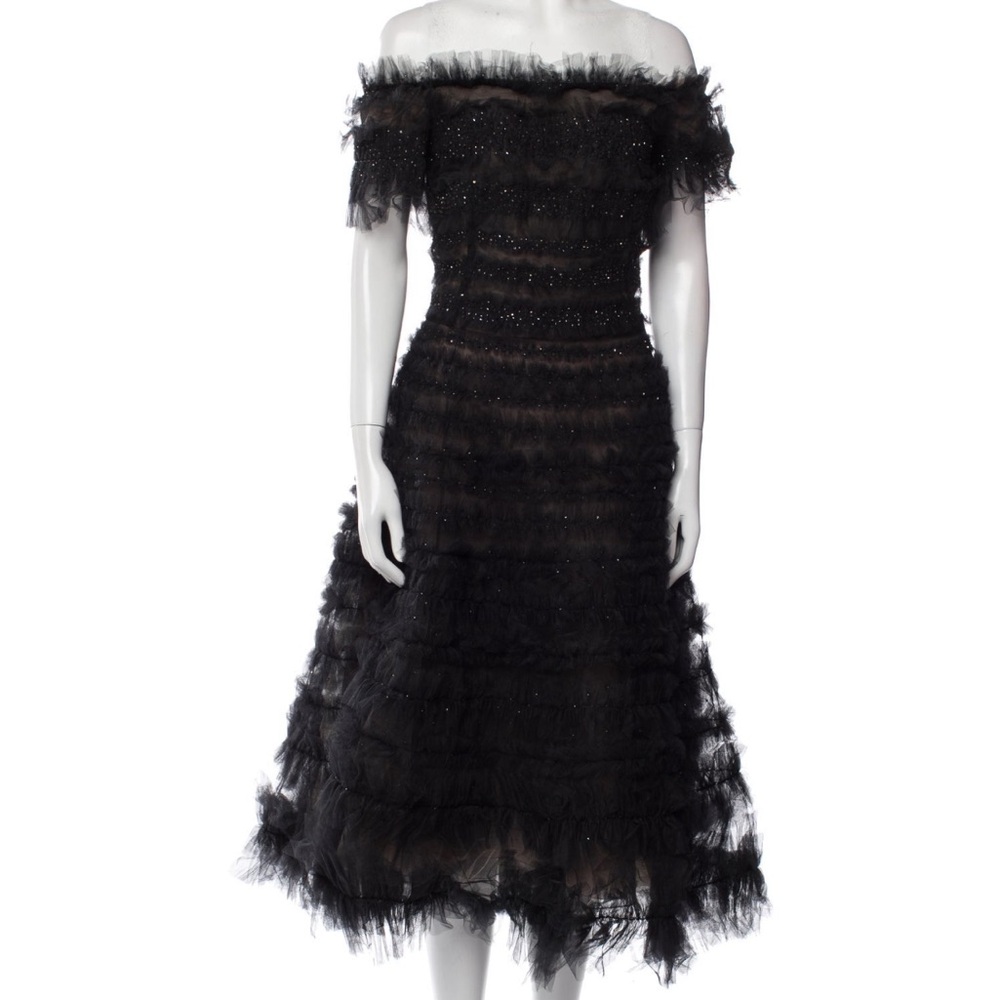 Marchesa Black Off-Shoulder Ruched Midi Dress